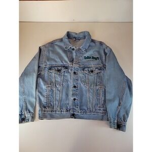 Denim Jean Vintage 90s Trucker Jacket Size M Faded Embroidered Senior Frog